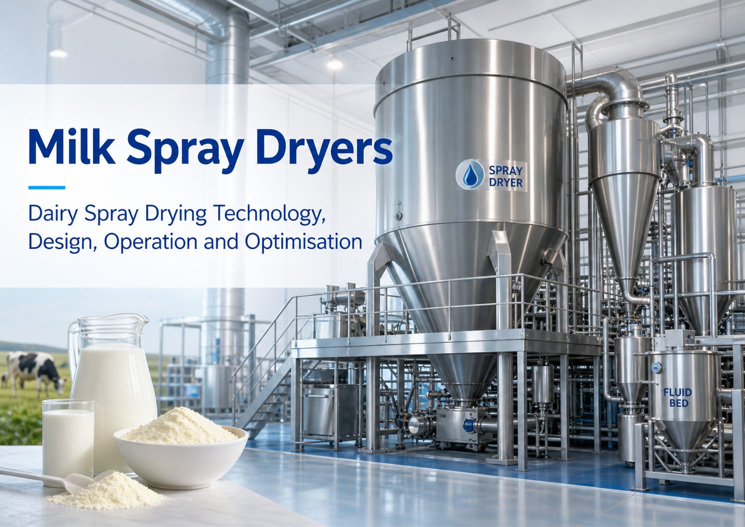 Milk Spray Dryers, Dairy Spray Drying Technology and Operator Training | Watson Dairy Consulting Milk spray dryer and dairy powder production plant with stainless spray drying chamber, fluid bed, milk powder and dairy operator training context